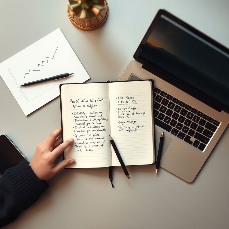 Otevřený notebook s ručně psanými finančními poznámkami vedle laptopu s grafem