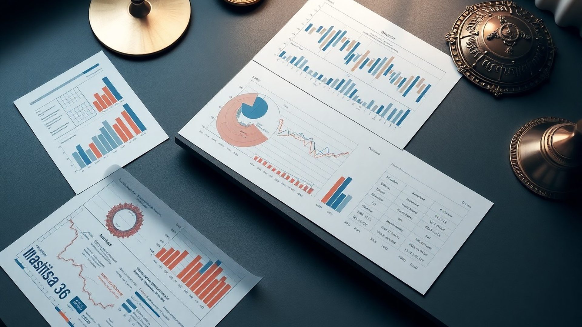 Finanční grafy a datové výstupy na břidlicově šedém stole